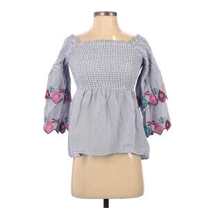 LOFT Off The‎ Shoulder Blue Stripe Floral Embroidered Top